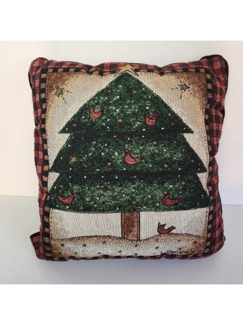 L Spivey Tapestry Throw Pillows Set Of 2 Christmas Tree Red Cardinal 14" Square - Picture 2 of 8